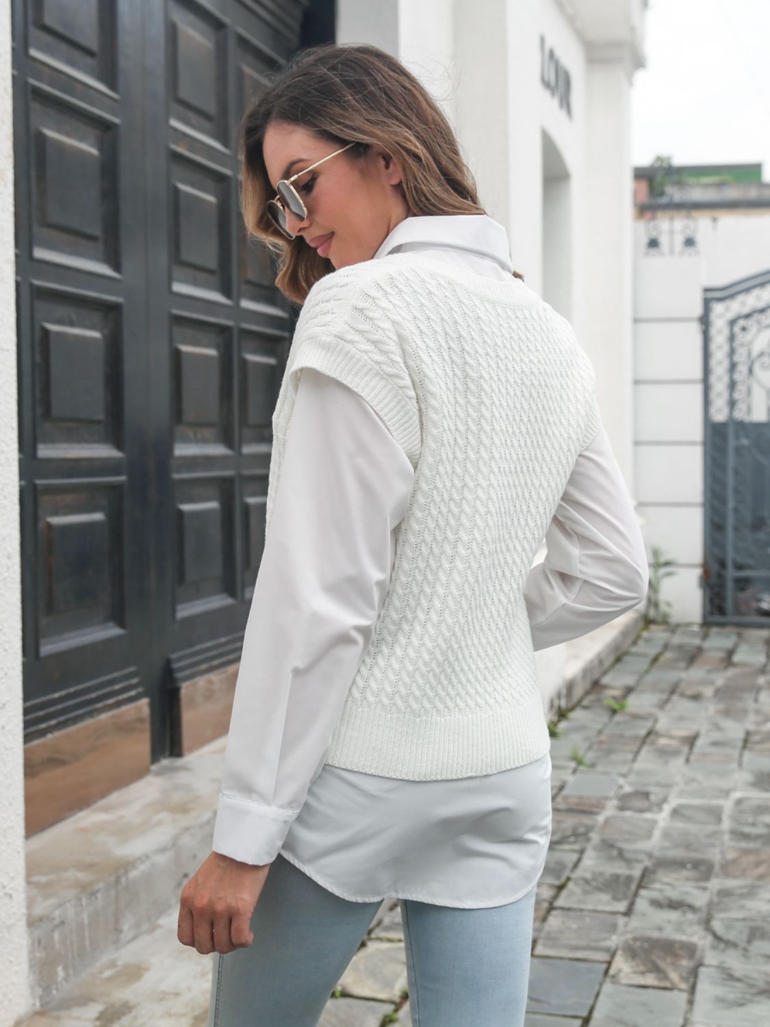 Cable-knit V-Neck Sweater Vest-Angel Casuals