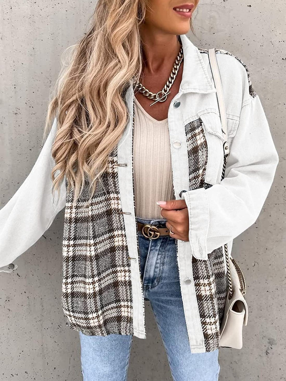 Plaid Button Up Dropped Shoulder Jacket-Angel Casuals