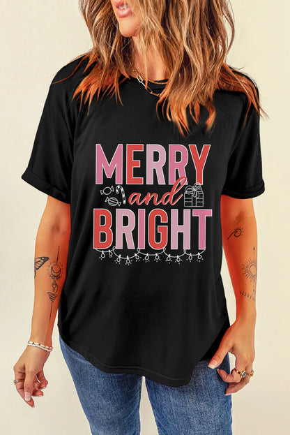 MERRY AND BRIGHT Round Neck Short Sleeve T-Shirt-Angel Casuals