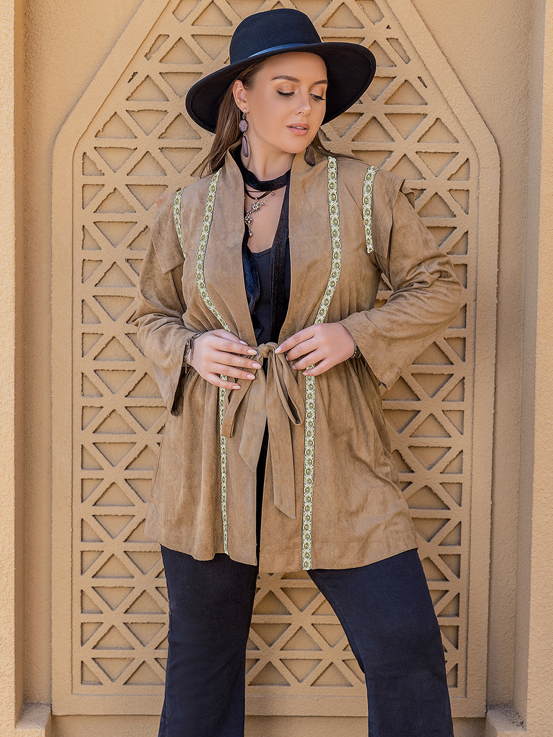 Plus Size Long Sleeve Tie Waist Cardigan-Angel Casuals