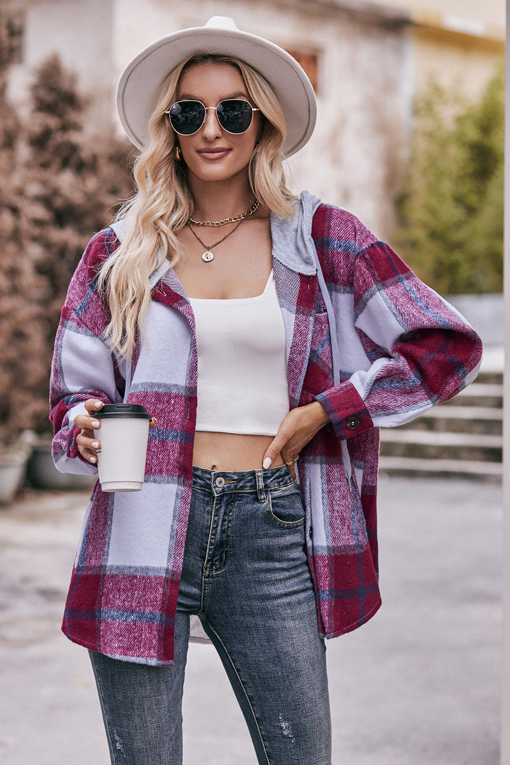 Mandy Plaid Dropped Shoulder Hooded Jacket-Angel Casuals