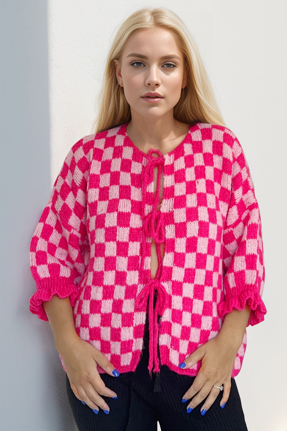 Double Take Tied Checkered Dropped Shoulder Flounce Sleeve Cardigan-Angel Casuals