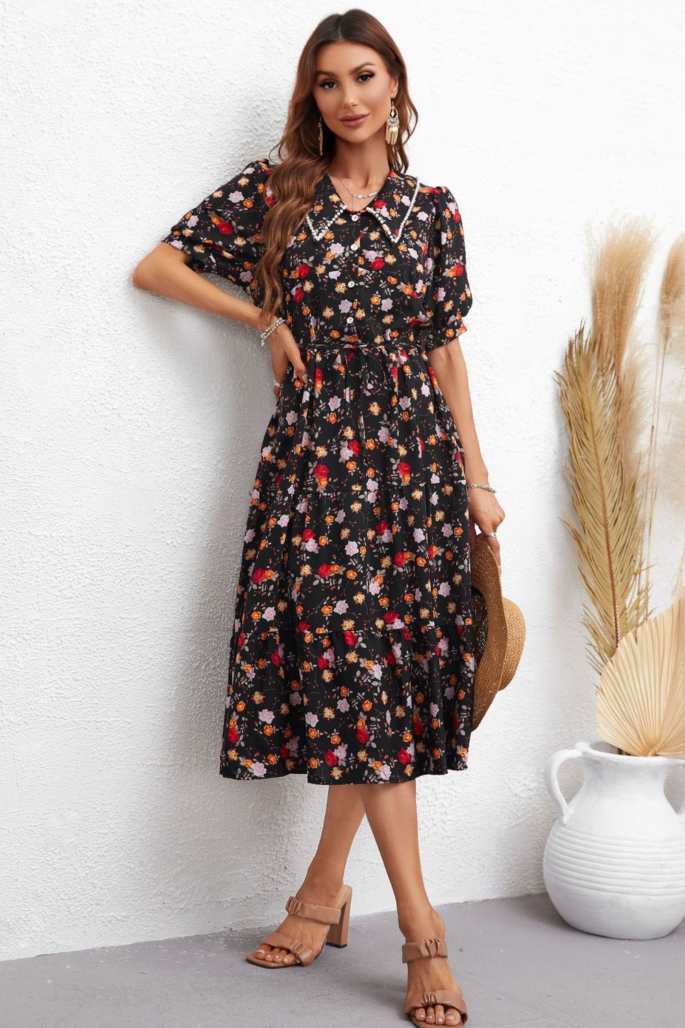 Floral Collared Neck Puff Sleeve Dress-Angel Casuals