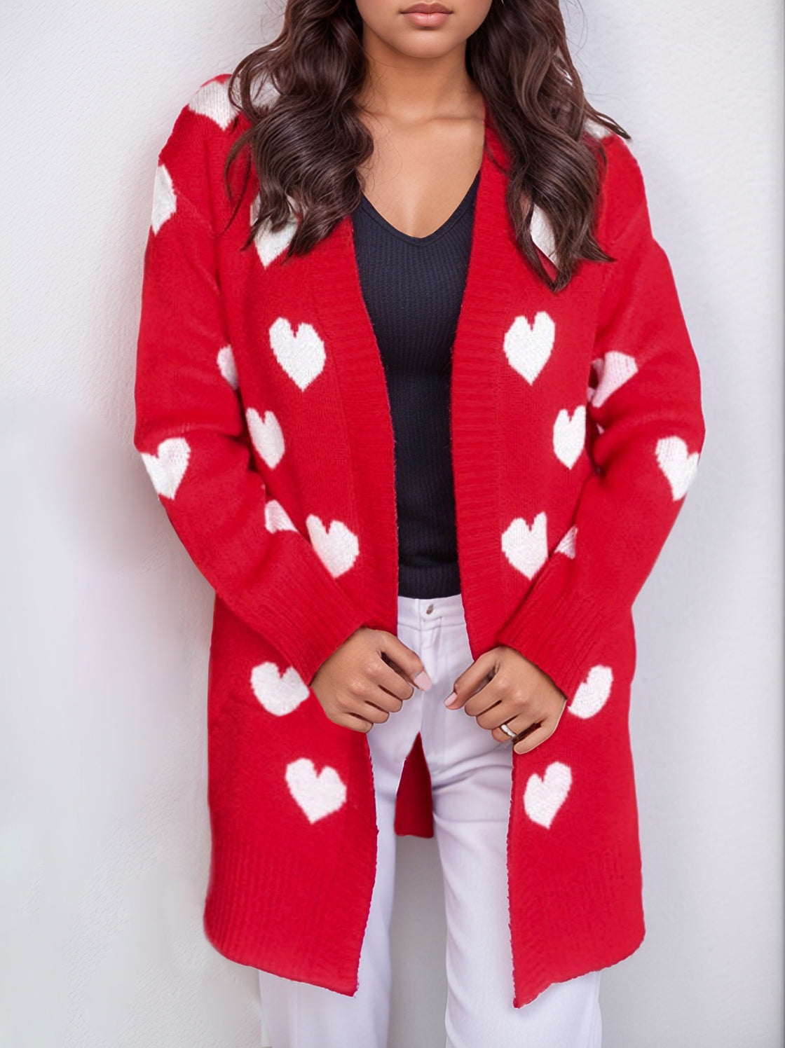 Heart Open Front Long Sleeve Cardigan-Angel Casuals