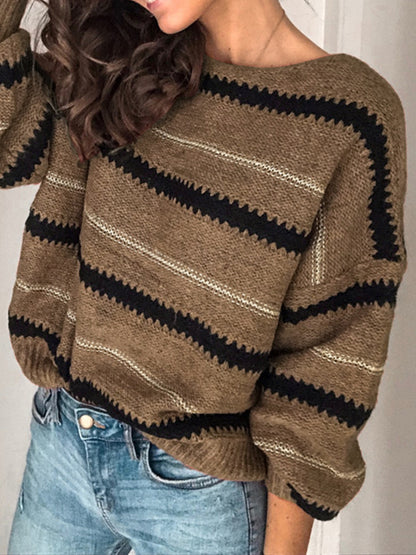 Contrast Striped Round Neck Long Sleeve Sweater-Angel Casuals