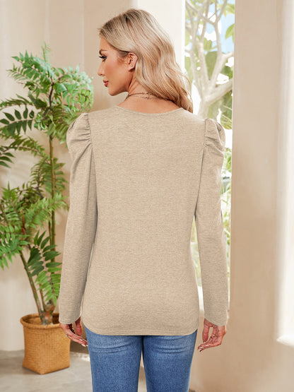 Buttoned Round Neck Puff Sleeve T-Shirt-Angel Casuals