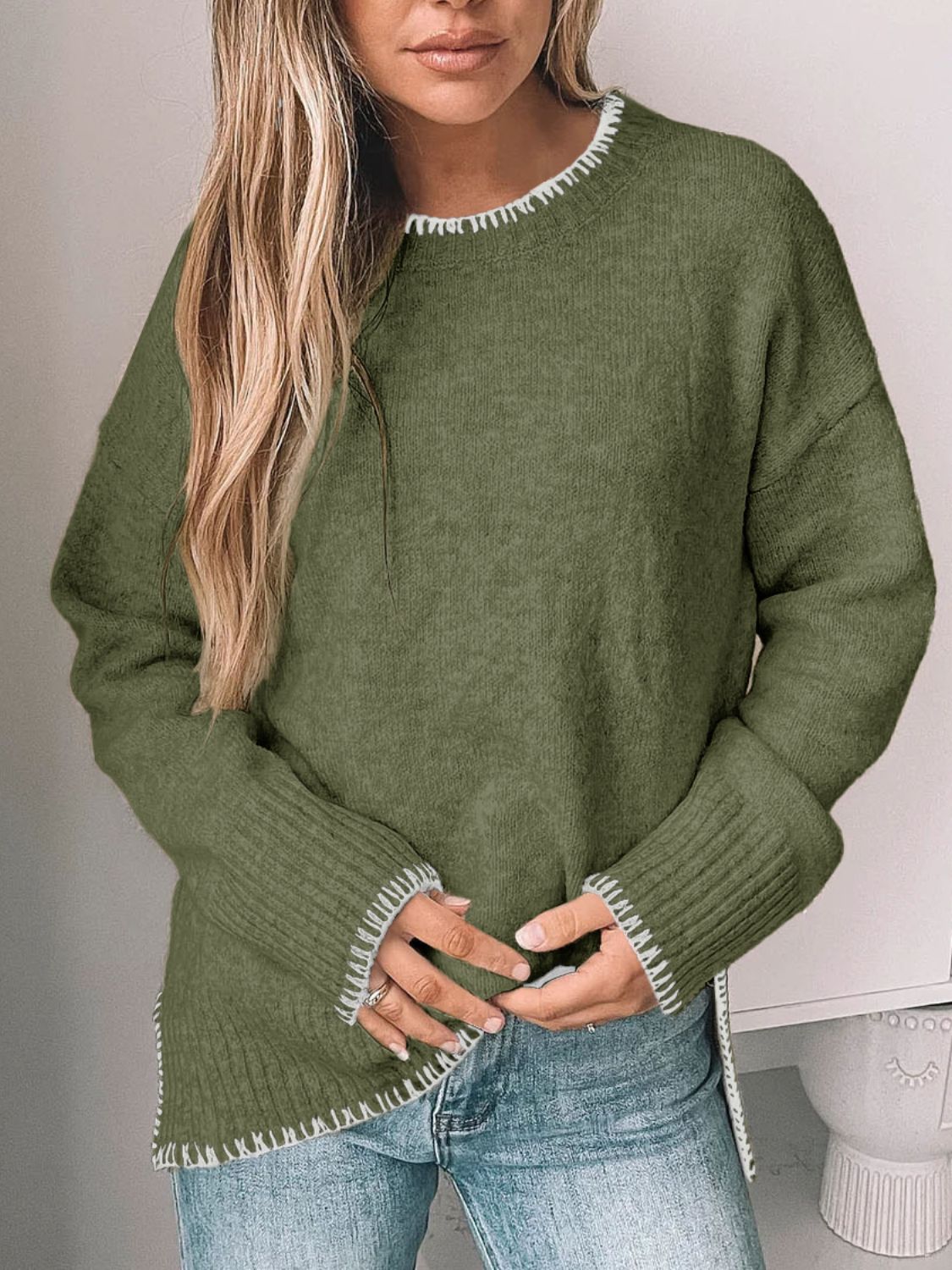 Perfee Round Neck Long Sleeve Sweater-Angel Casuals