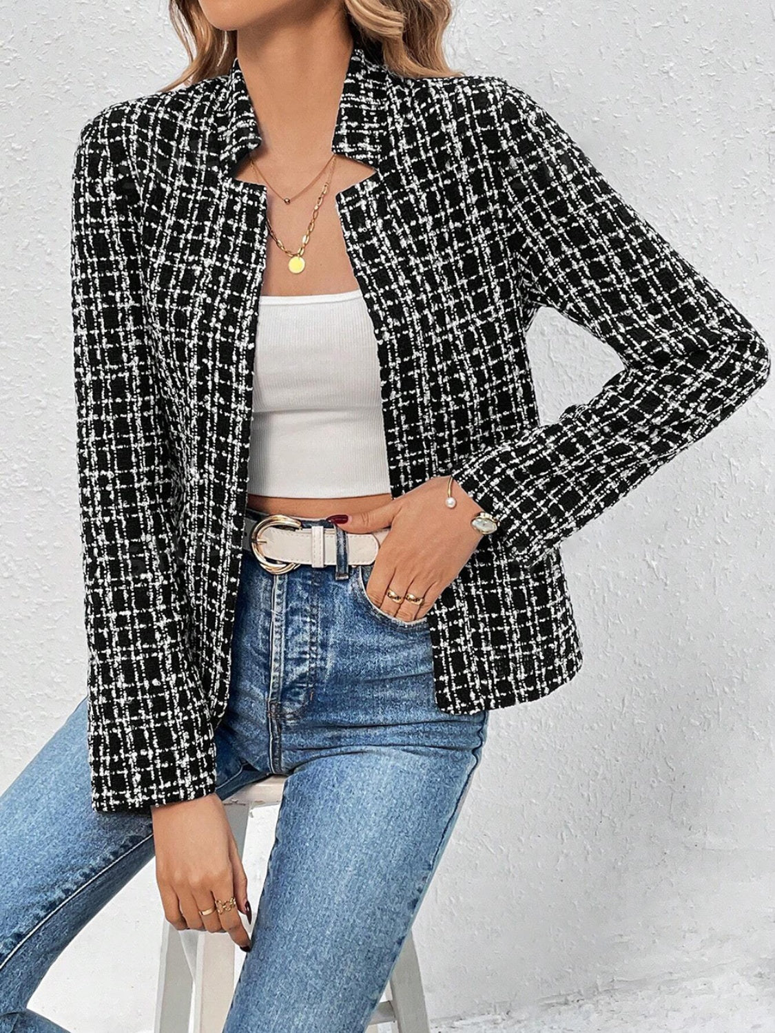 Plaid Open Front Long Sleeve Jacket-Angel Casuals