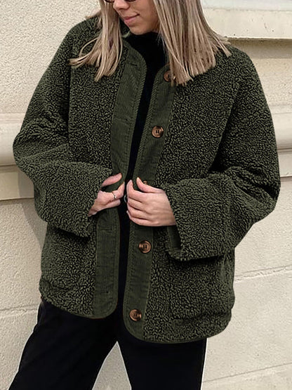 Contrast Button Up Sherpa Jacket with Pockets-Angel Casuals