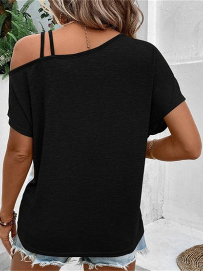Contrast Asymmetrical Neck Short Sleeve T-Shirt-Angel Casuals