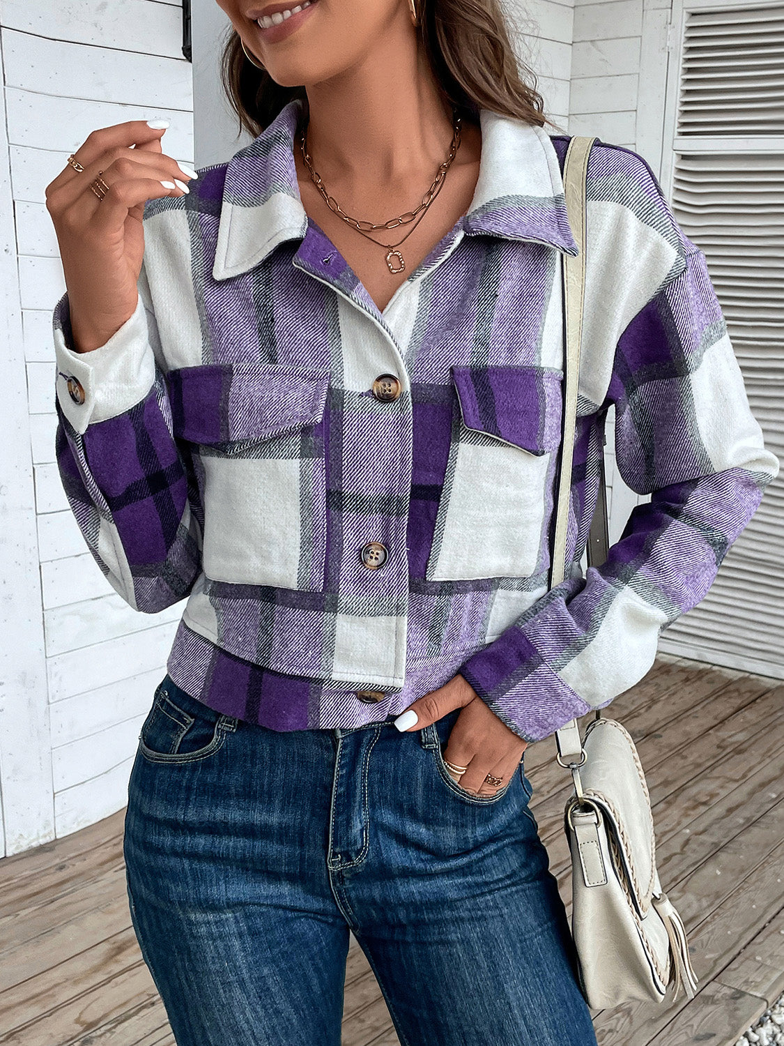 Perfee Plaid Button Up Drop Shoulder Cropped Jacket-Angel Casuals
