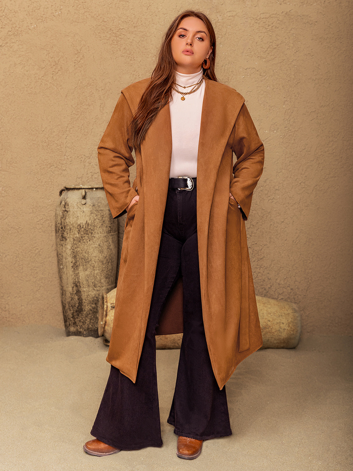 Plus Size Tied Long Sleeve Hooded Coat with Pockets-Angel Casuals