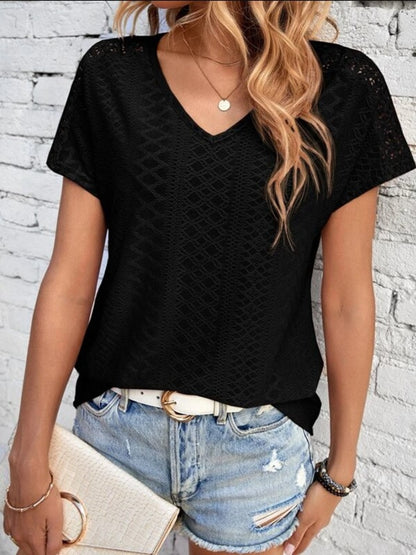 Eyelet V-Neck Short Sleeve T-Shirt-Angel Casuals
