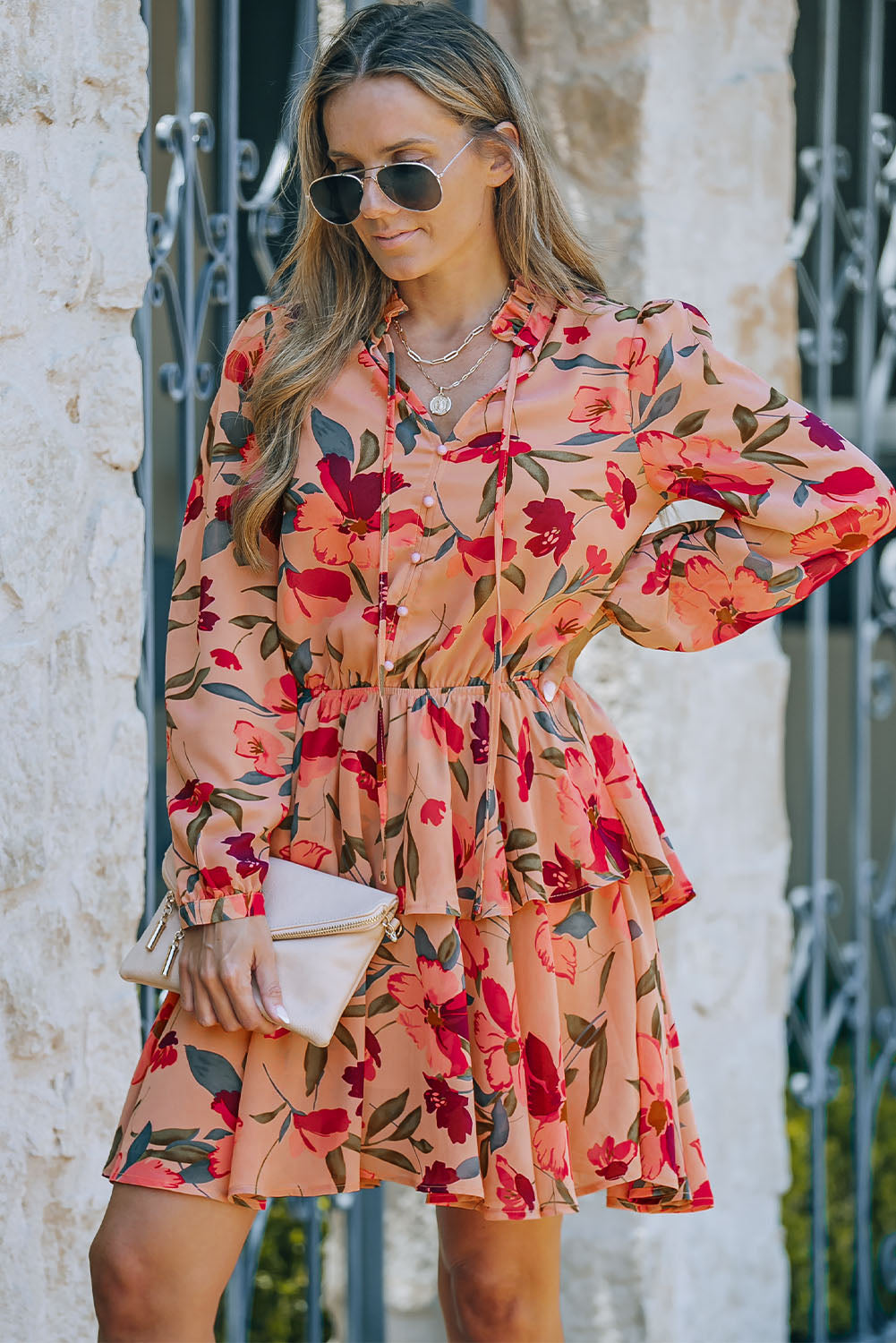 Floral Tie Neck Long Sleeve Layered Dress-Angel Casuals