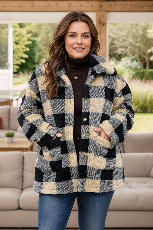 Plus Size Plaid Button Up Long Sleeve Coat-Angel Casuals