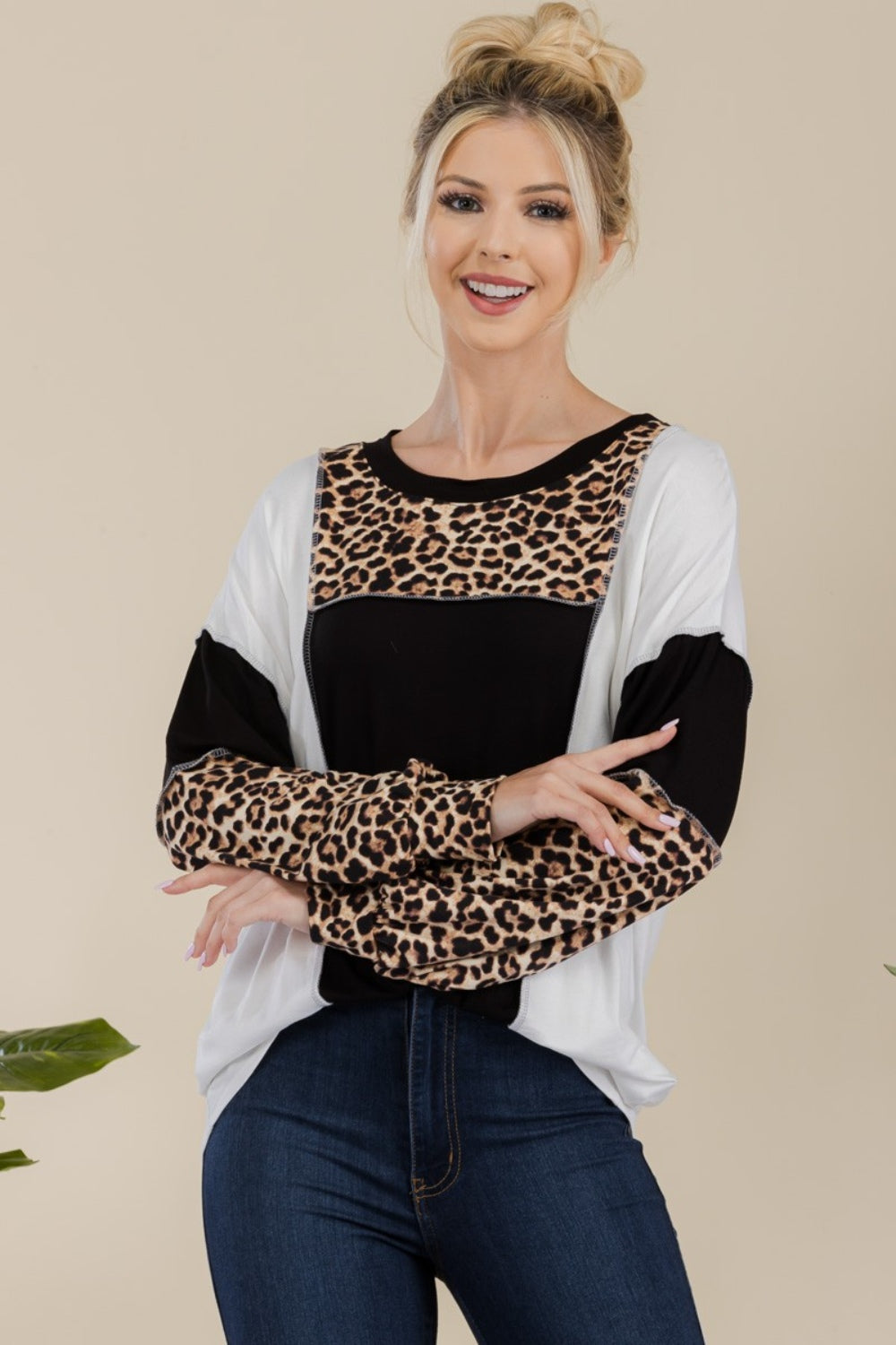 Celeste Full Size Leopard Color Block Exposed Seam T-Shirt-Angel Casuals