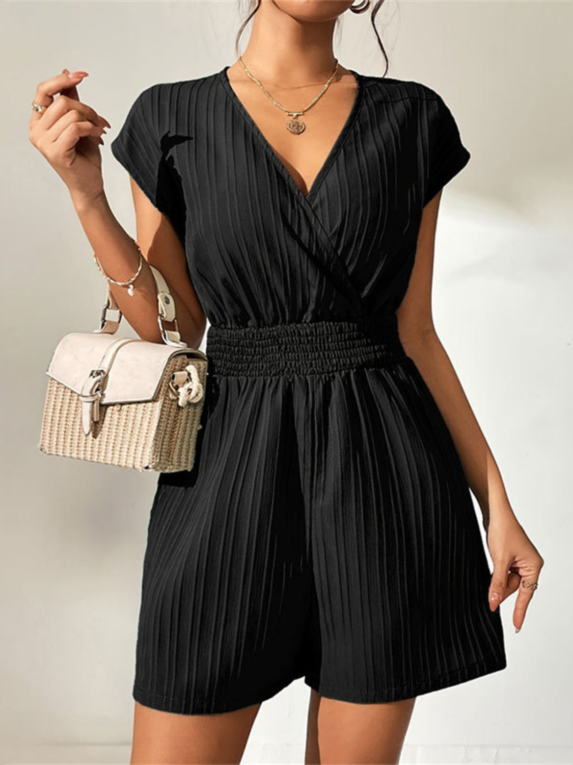 Tied Surplice Short Sleeve Romper-Angel Casuals