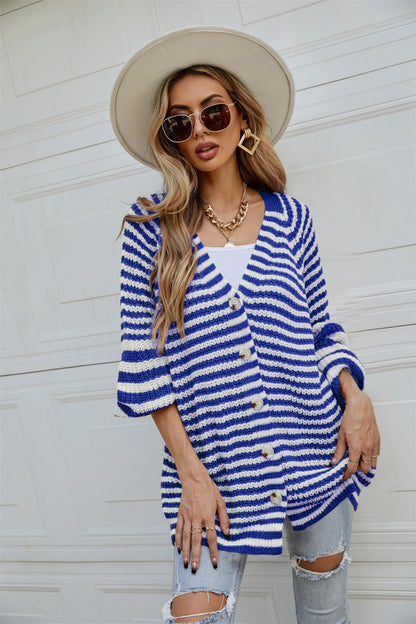 Angel Wings Striped Button Up Long Sleeve Cardigan-Angel Casuals