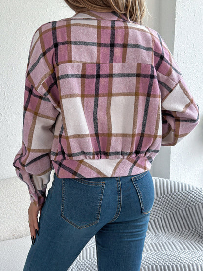 Plaid Button Up Long Sleeve Jacket-Angel Casuals