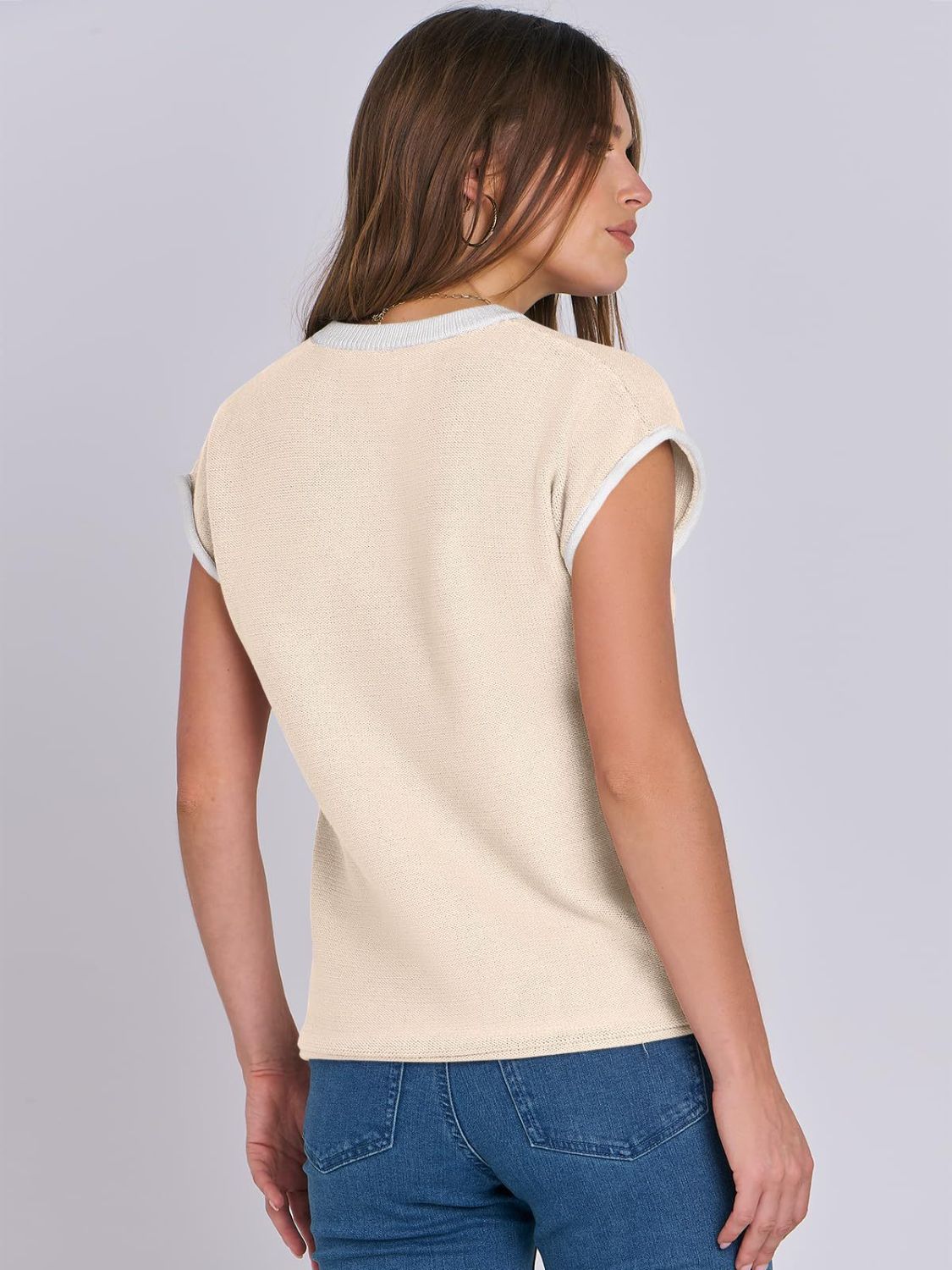 Mandy Contrast Round Neck Cap Sleeve Sweater-Angel Casuals