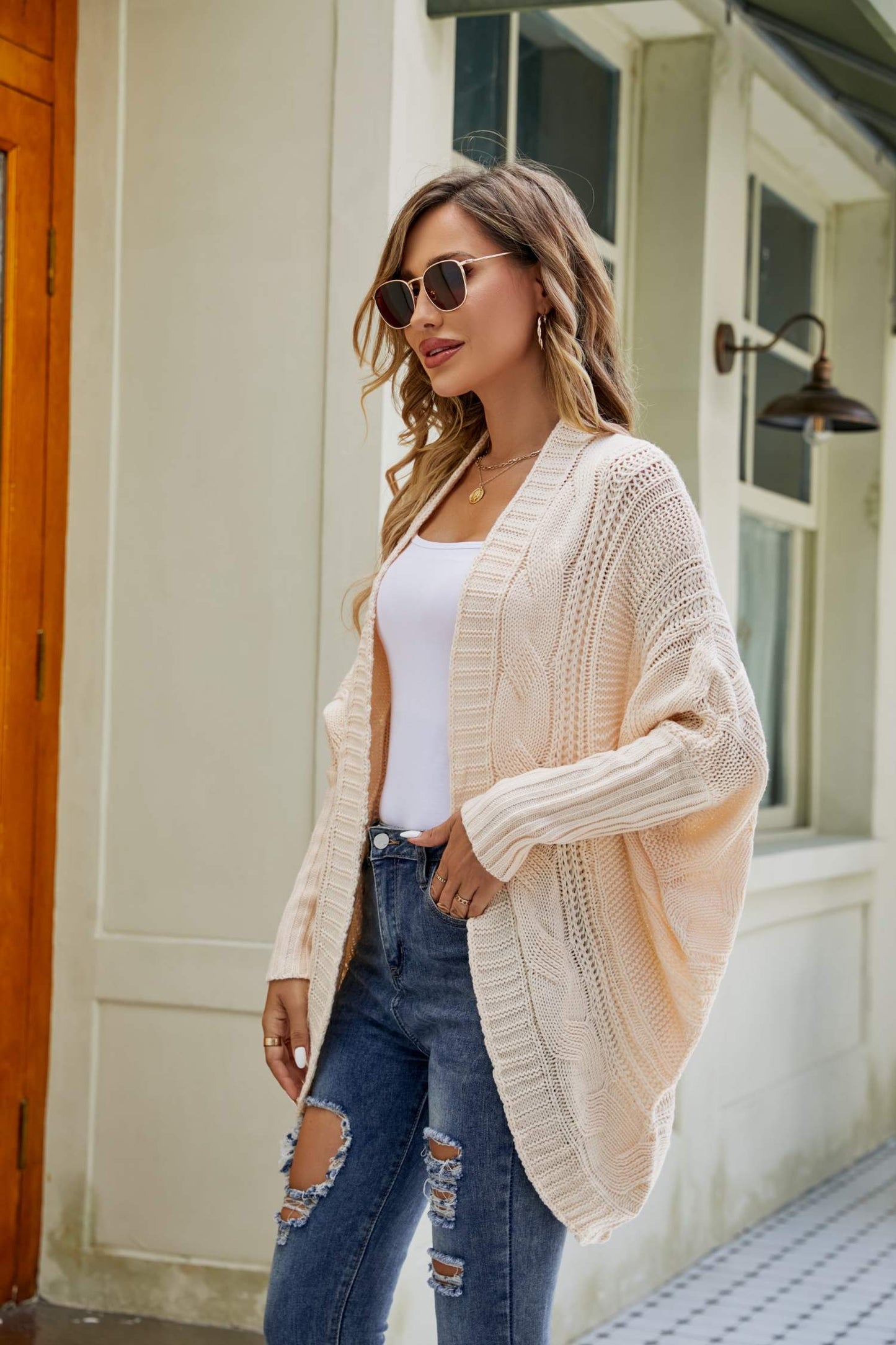 Mixed Knit Open Front Dolman Sleeve Cardigan-Angel Casuals