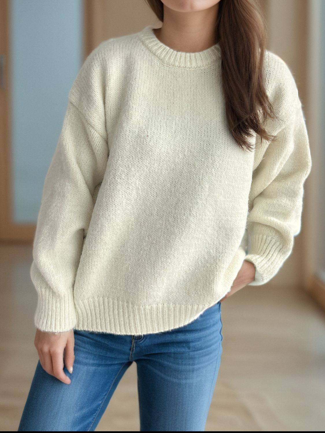 Round Neck Long Sleeve Sweater-Angel Casuals