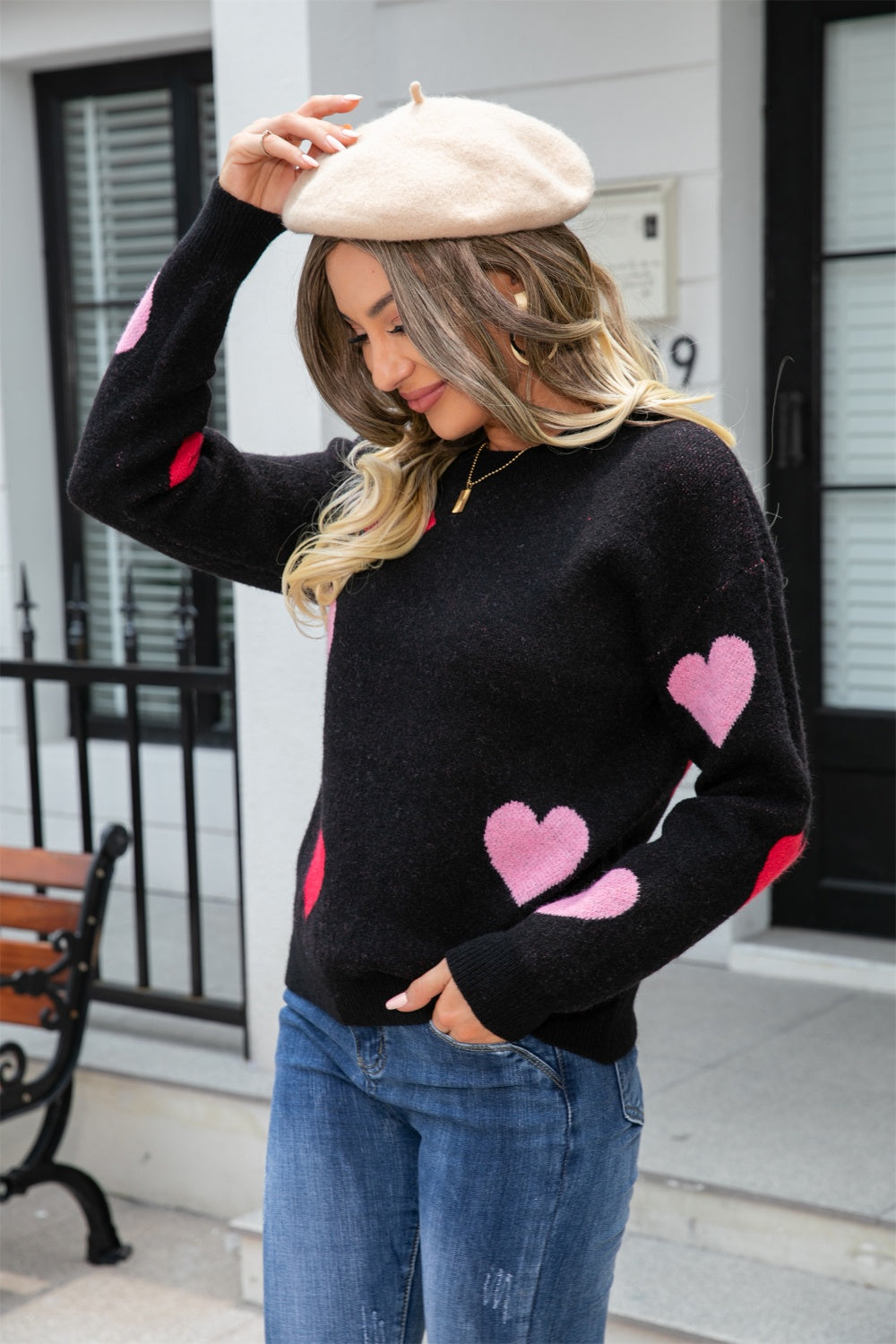 Angel Wings Heart Round Neck Droppped Shoulder Sweater-Angel Casuals