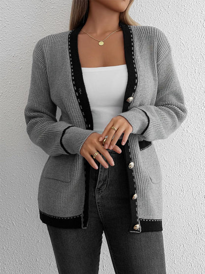 Contrast Trim Button Up Long Sleeve Cardigan-Angel Casuals