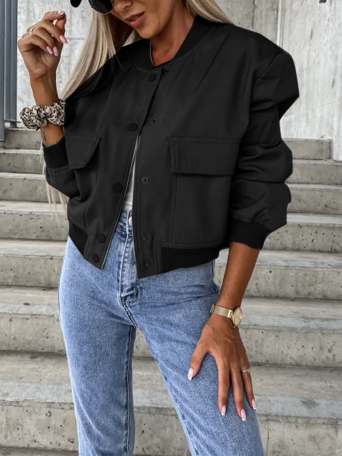 Baseball Collar Dropped Shoulder Jacket-Angel Casuals