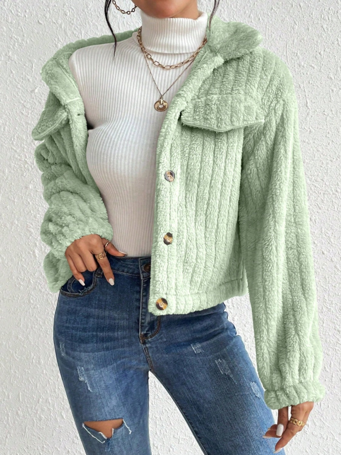 Fuzzy Button Up Collared Neck Jacket-Angel Casuals