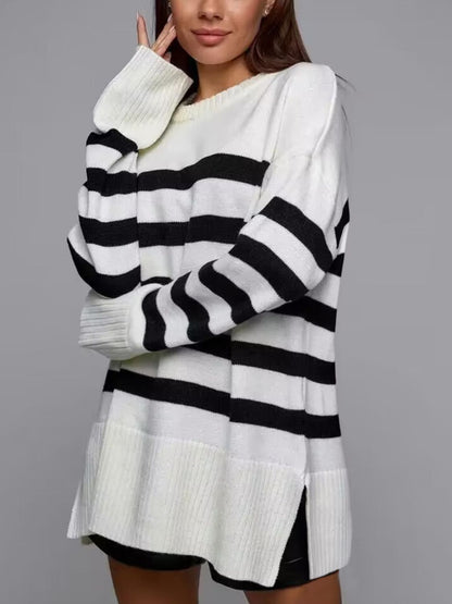 Slit Striped Round Neck Sweater-Angel Casuals