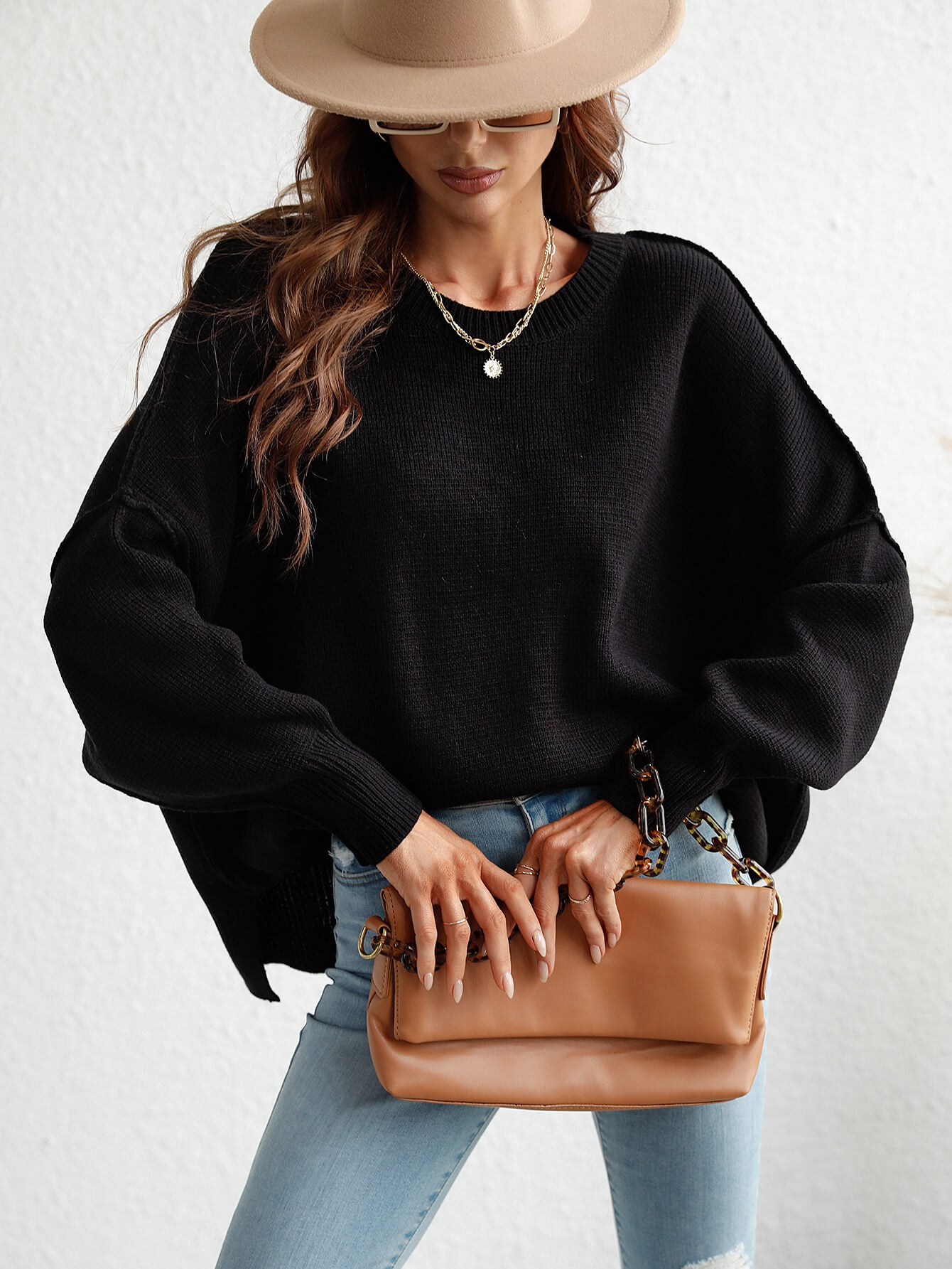 Exposed Seam Dropped Shoulder Slit Sweater-Angel Casuals