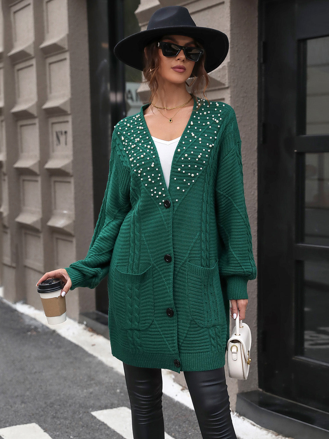 Perfee Pearl Detail Cable-Knit Button Up Cardigan-Angel Casuals