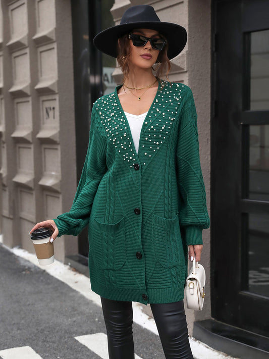 Perfee Pearl Detail Cable-Knit Button Up Cardigan-Angel Casuals