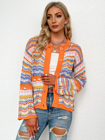 Chevron Stripes Openwork Cardigan-Angel Casuals