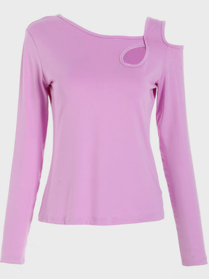 Cutout Asymmetrical Neck Long Sleeve T-Shirt-Angel Casuals