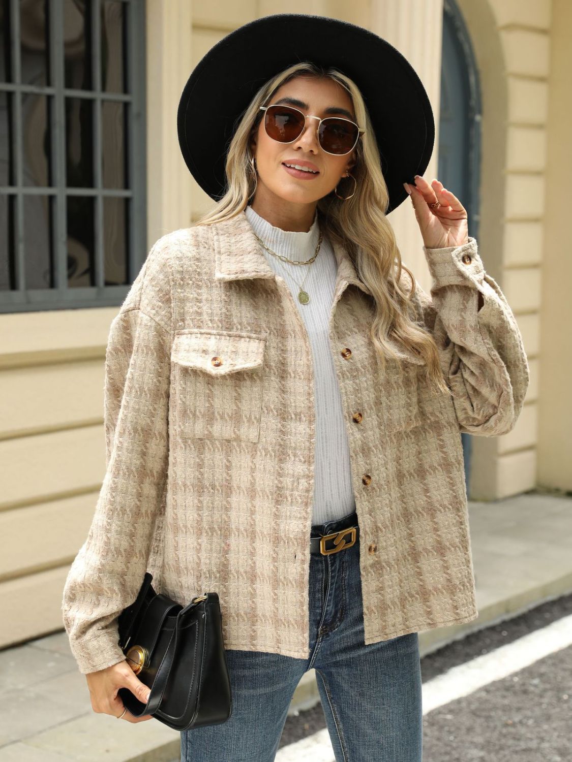 Plaid Collared Neck Long Sleeve Jacket-Angel Casuals