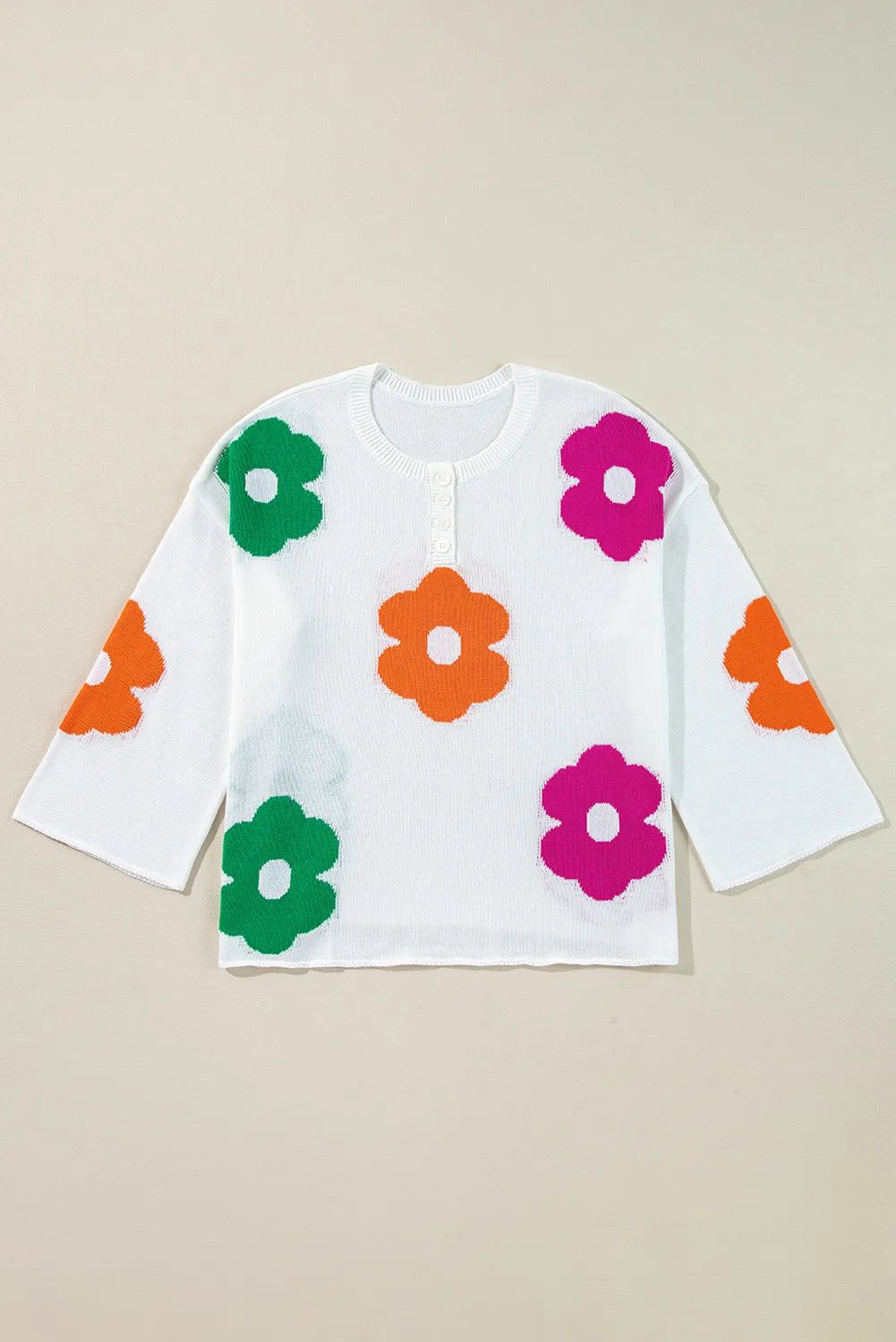 Flower Round Neck Quarter Button Knit Top-Angel Casuals