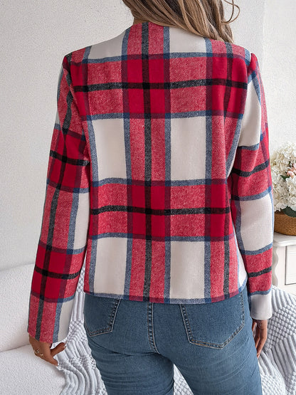 Plaid Open Front Long Sleeve Jacket-Angel Casuals
