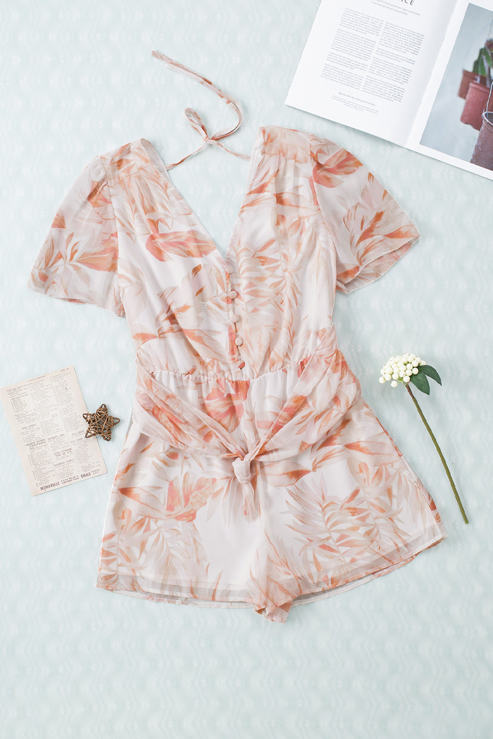 Printed Short Sleeve Tie Front Romper-Angel Casuals