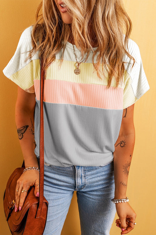 Color Block Round Neck Short Sleeve T-Shirt-Angel Casuals