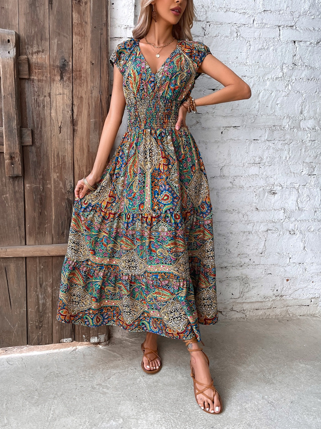 Smocked Printed Cap Sleeve Midi Dress-Angel Casuals