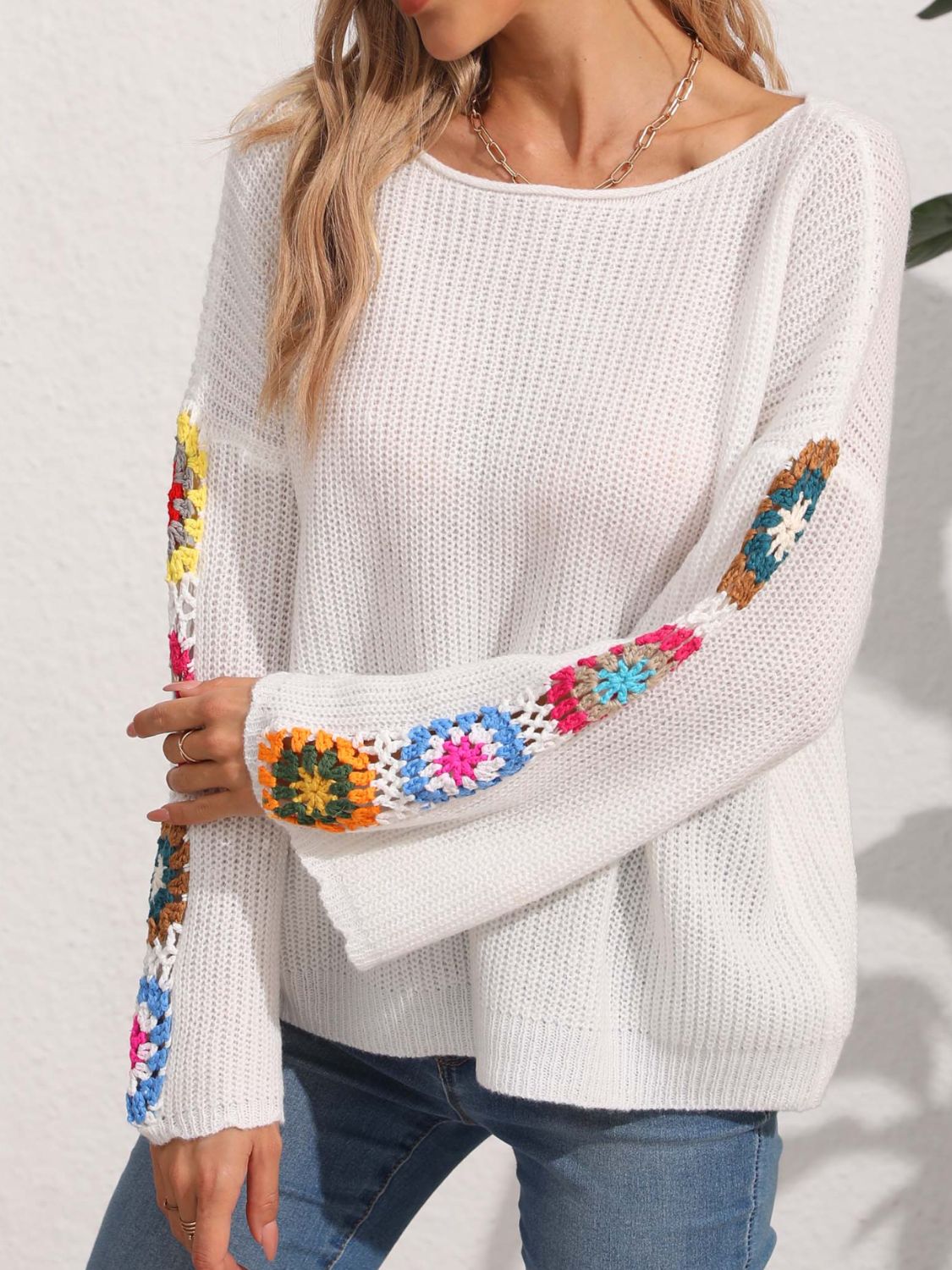 Crochet Flower Long Sleeve Sweater-Angel Casuals