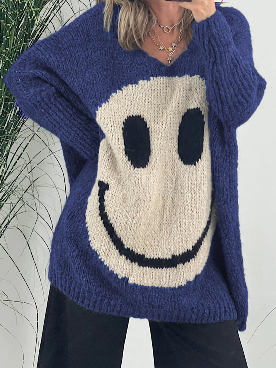 Smiling Face V-Neck Long Sleeve Sweater-Angel Casuals