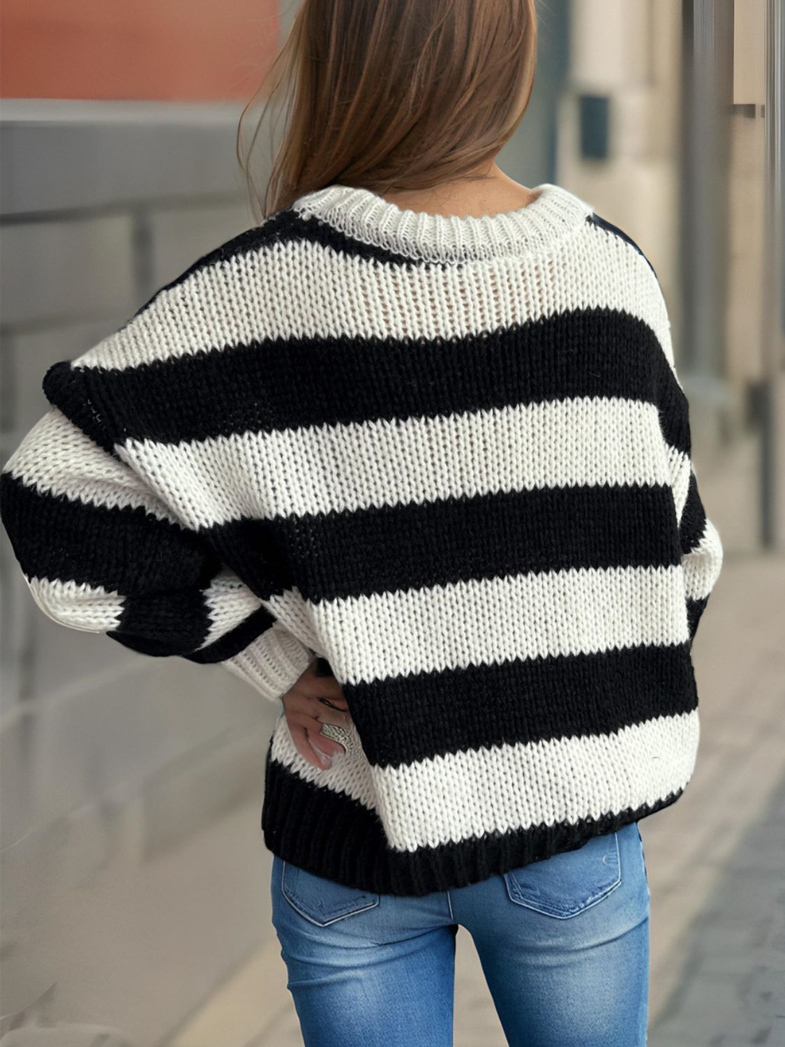 Contrast Striped Round Neck Long Sleeve Sweater-Angel Casuals