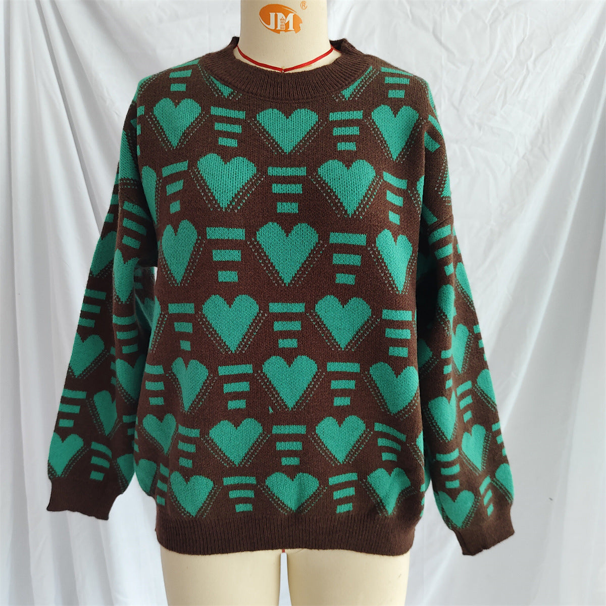 Heart Contrast Long Sleeve Dropped Shoulder Sweater-Angel Casuals