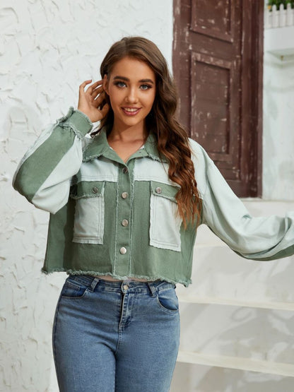 Color Block Crop Jacket with Pockets-Angel Casuals