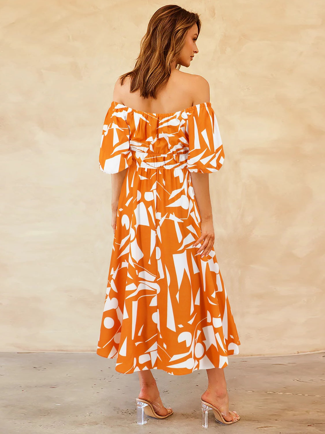 Printed Off-Shoulder Balloon Sleeve Dress-Angel Casuals