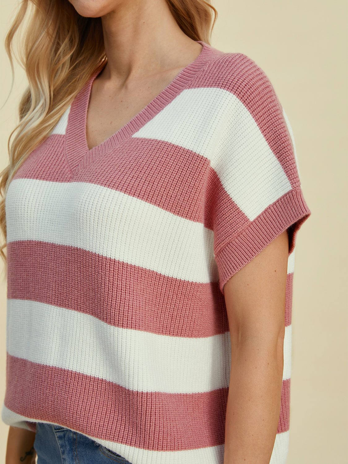 Double Take Full Size Striped V-Neck Short Sleeve Sweater-Angel Casuals