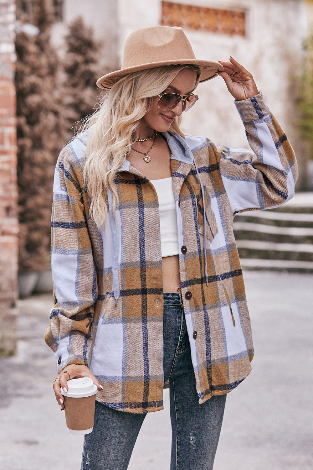 Mandy Plaid Dropped Shoulder Hooded Jacket-Angel Casuals